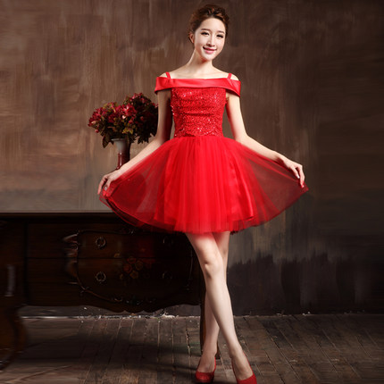 2014新款一字肩亮片蕾丝短裙 时尚新娘结婚敬酒服 红色短款小礼服