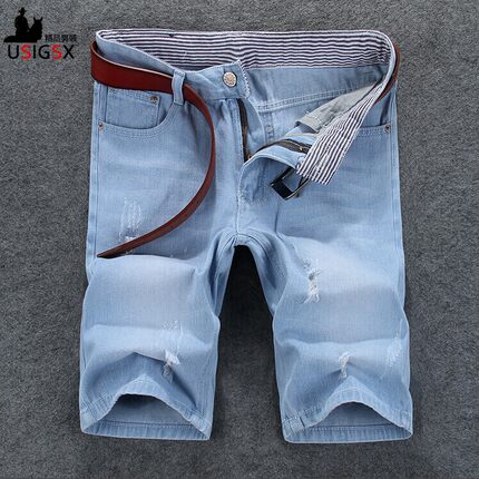 夏薄款五分裤男 直筒修身韩版潮破洞牛仔短裤 青少年大码5分中裤