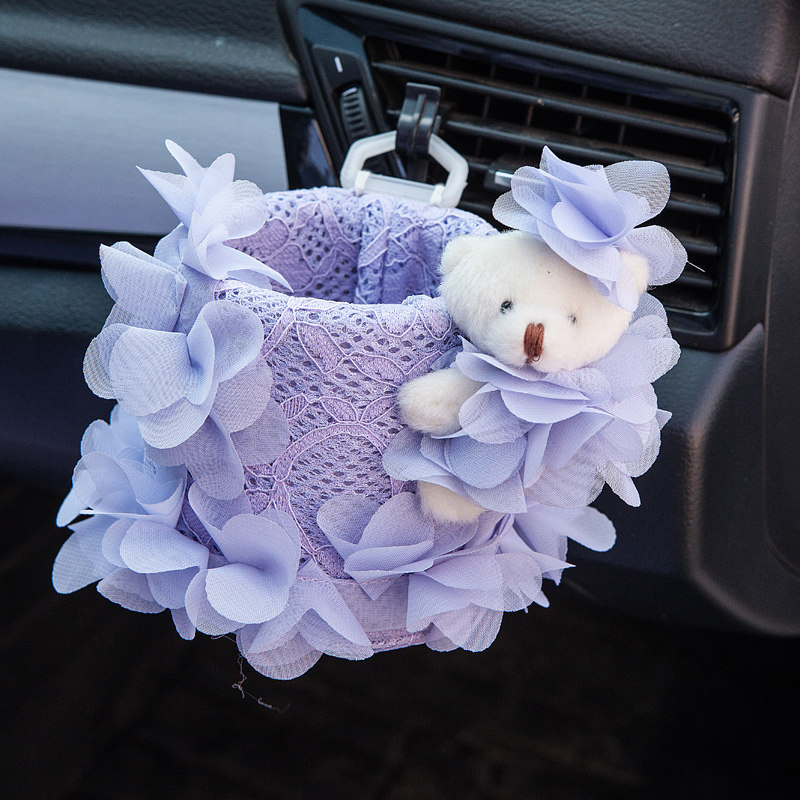 美美熊  可爱蕾丝汽车出风口置物筒 车载置物桶 手机袋收纳桶挂袋