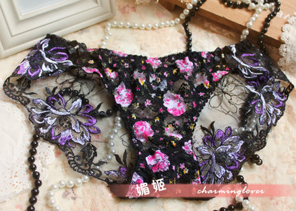 媚姬 奢华刺绣 女士内裤  蕾丝内裤女性感诱惑低腰三角裤透明镂空