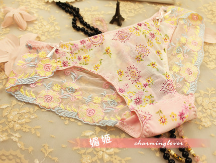 媚姬 奢华刺绣 女士内裤  蕾丝内裤女性感诱惑低腰三角裤透明镂空