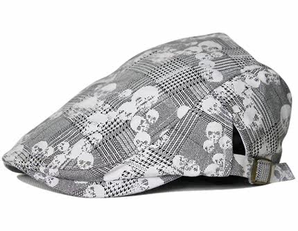 择信春夏时尚薄款骷髅头格子印花贝雷帽韩版潮流鸭舌帽户外休闲帽