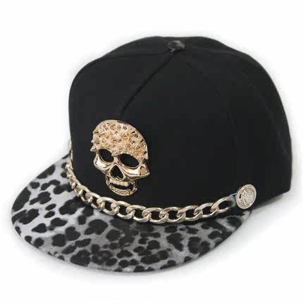 择信欧美朋克风金色皮帽檐带链条骷髅头铆钉嘻哈棒球帽街舞平沿帽