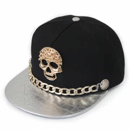 择信欧美朋克风金色皮帽檐带链条骷髅头铆钉嘻哈棒球帽街舞平沿帽