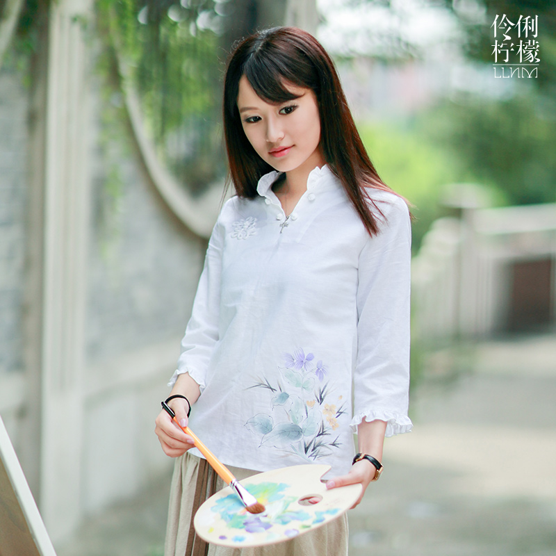 伶俐柠檬复古中国风20396原创设计棉麻手绘衬衫文艺范女装民族风
