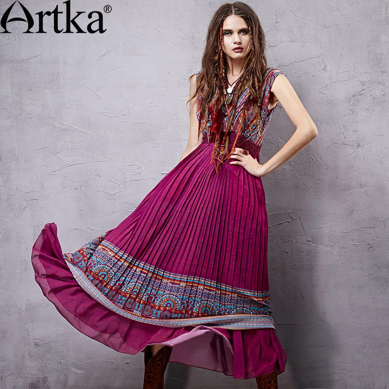 Artka Aka 2022 summer new pattern Mexico printing skirt Crimping Hem Two piece set Dress female