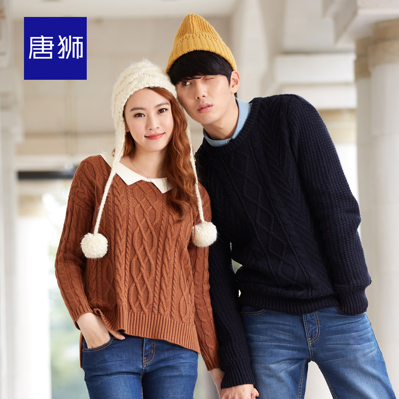 唐狮2015冬新款毛衣女情侣圆领套头绞花针织